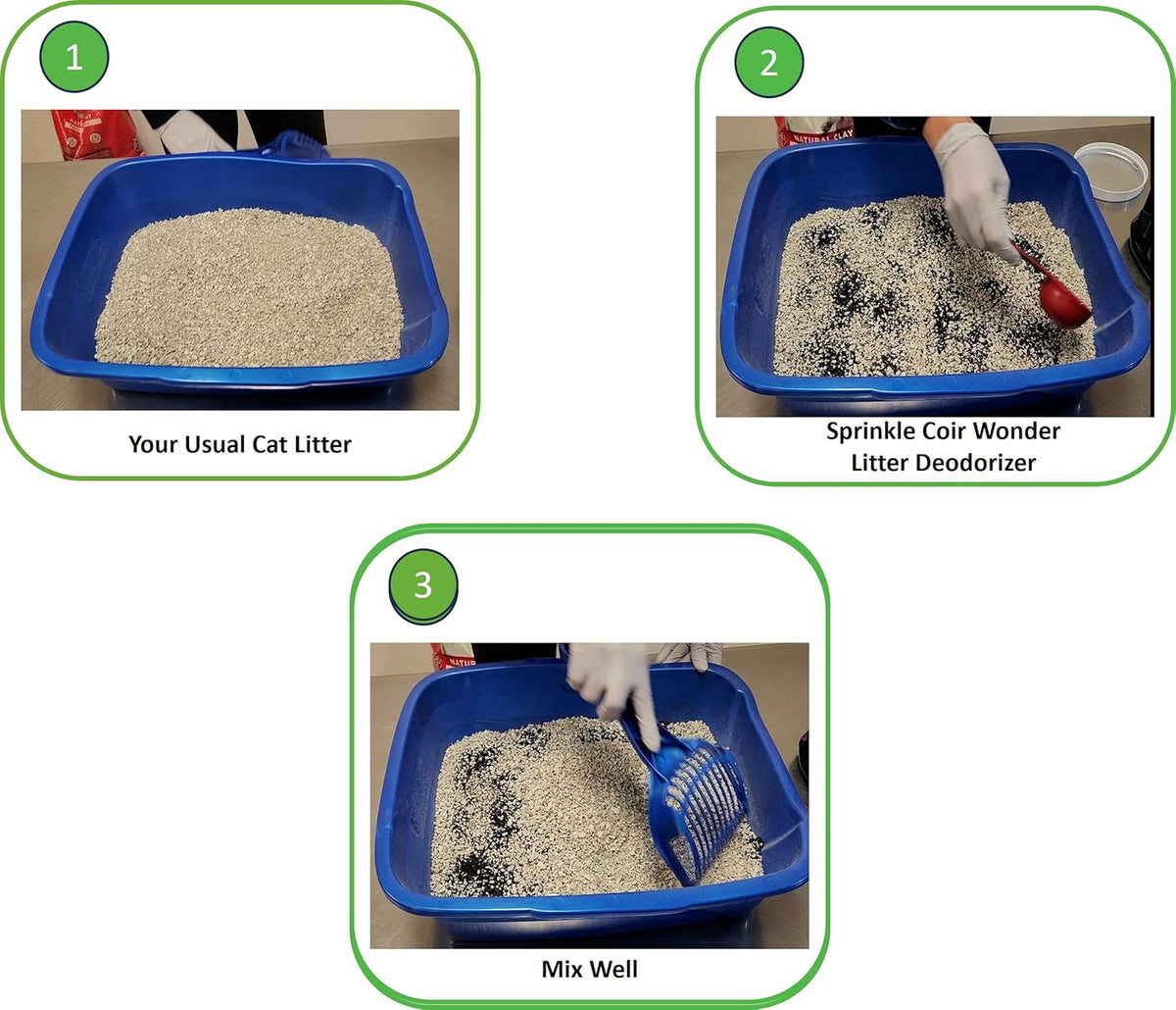 Sprinkling Coir Wonder charcoal deodorizer granules into a clean cat litter box