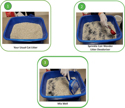 Sprinkling Coir Wonder charcoal deodorizer granules into a clean cat litter box