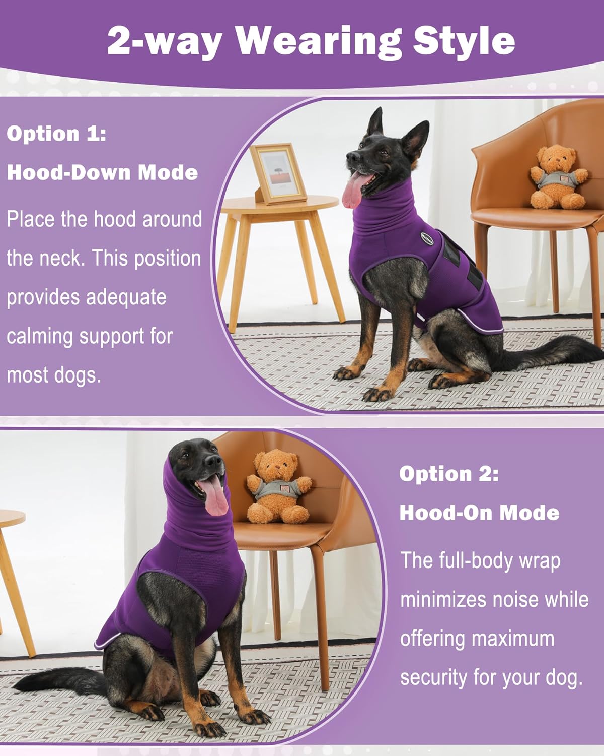 Meifsou dog anxiety vest demonstrating adjustable fit for dogs