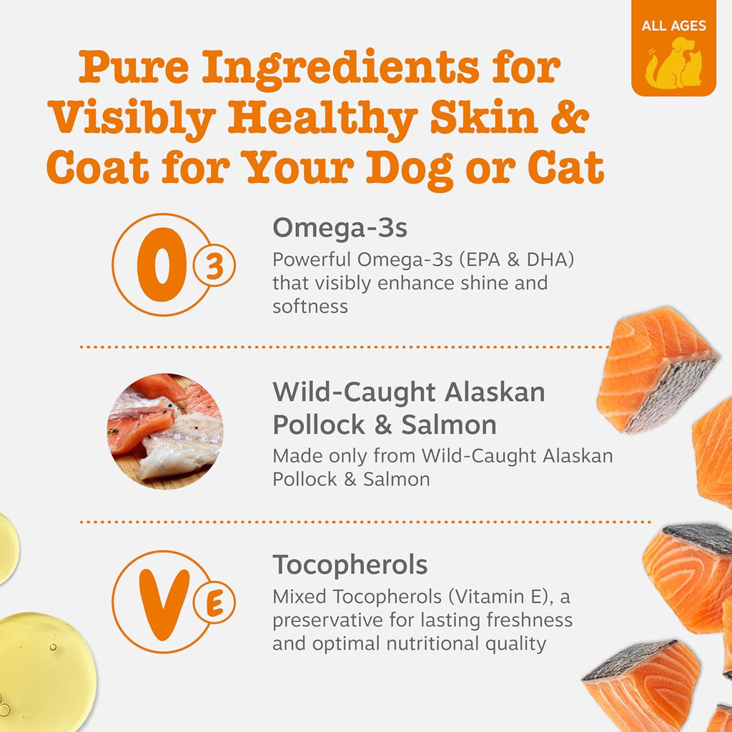 Zesty Paws Wild Alaskan Omega-3 Blend 8.5 Ounces packaging close up showing skin and coat benefits