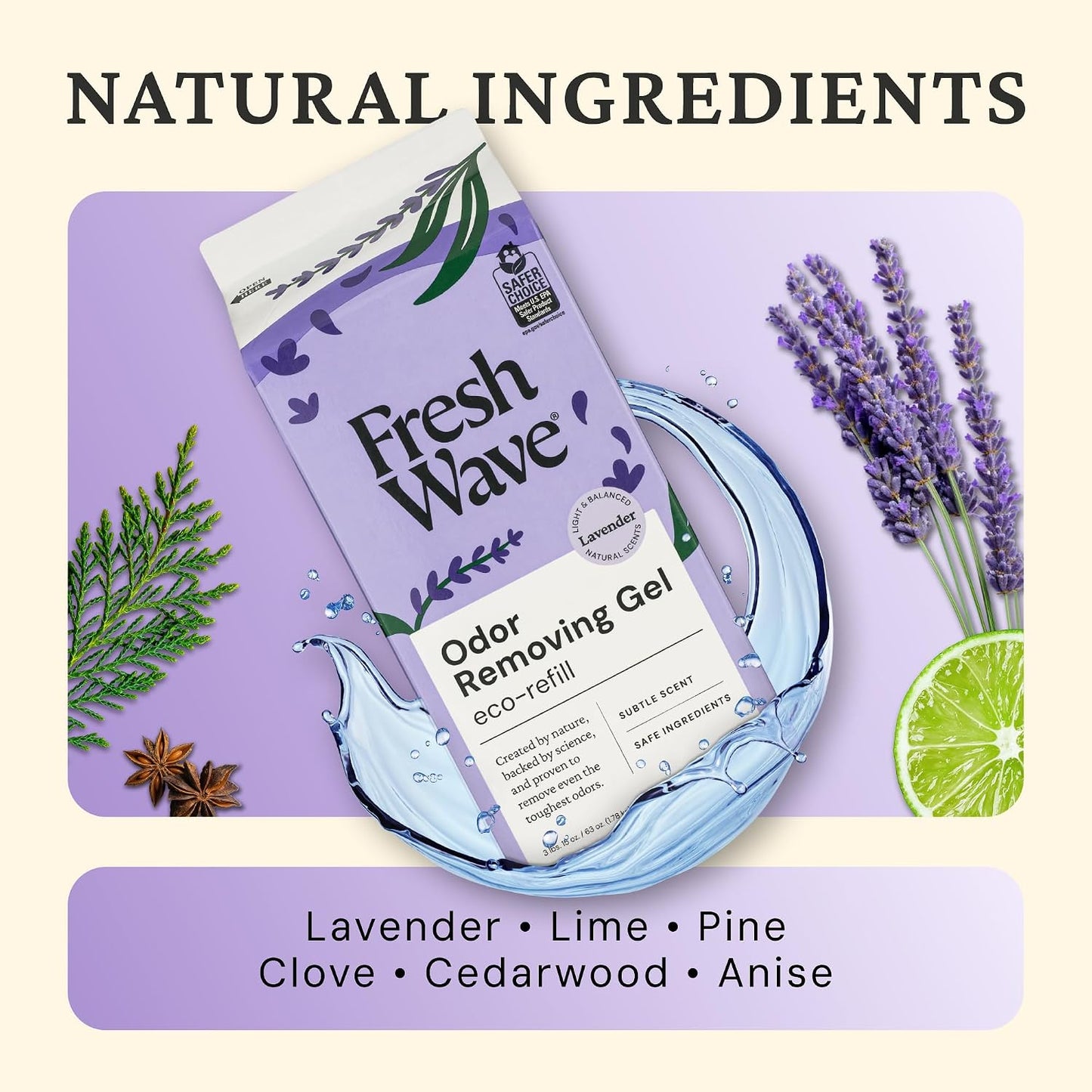 Fresh Wave lavender essential oil infused odor eliminator showcasing natural ingredients for home freshness.