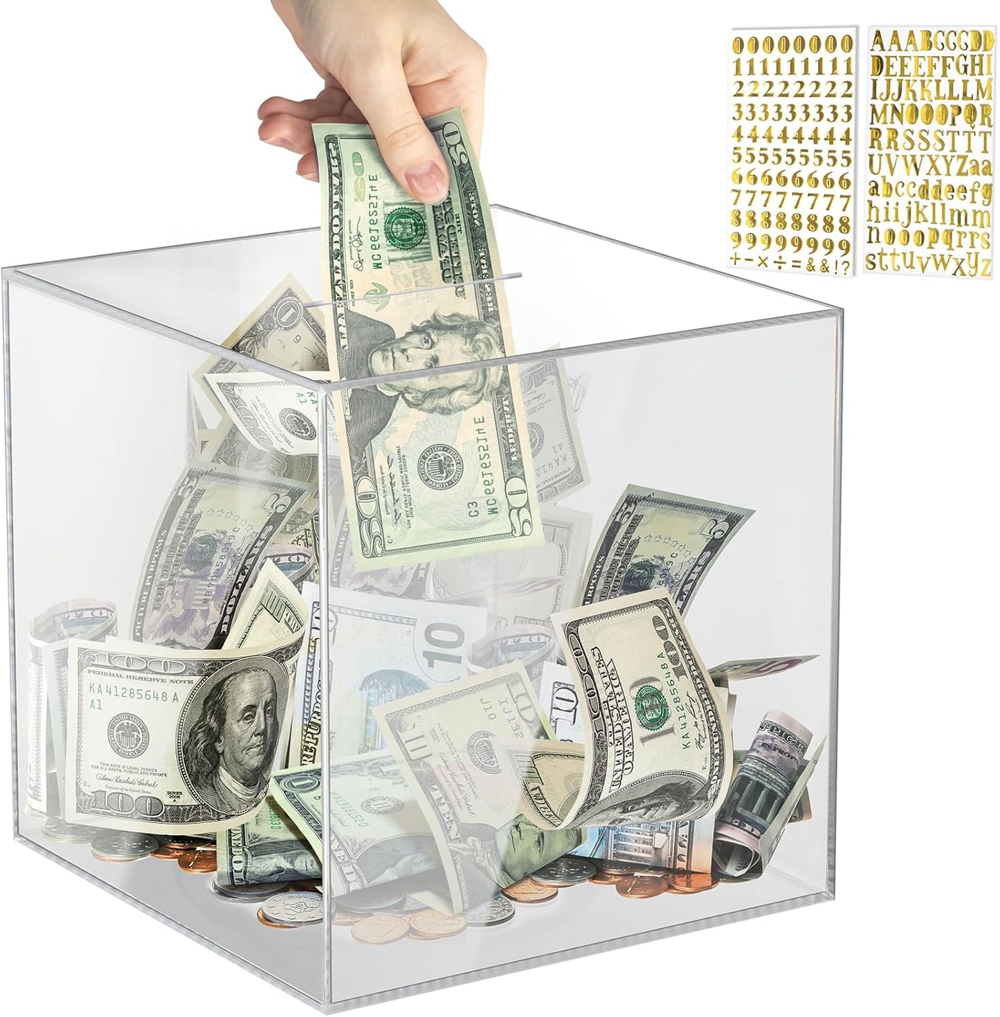 Vcertcpl acrylic clear piggy bank front view displaying cash savings inside.