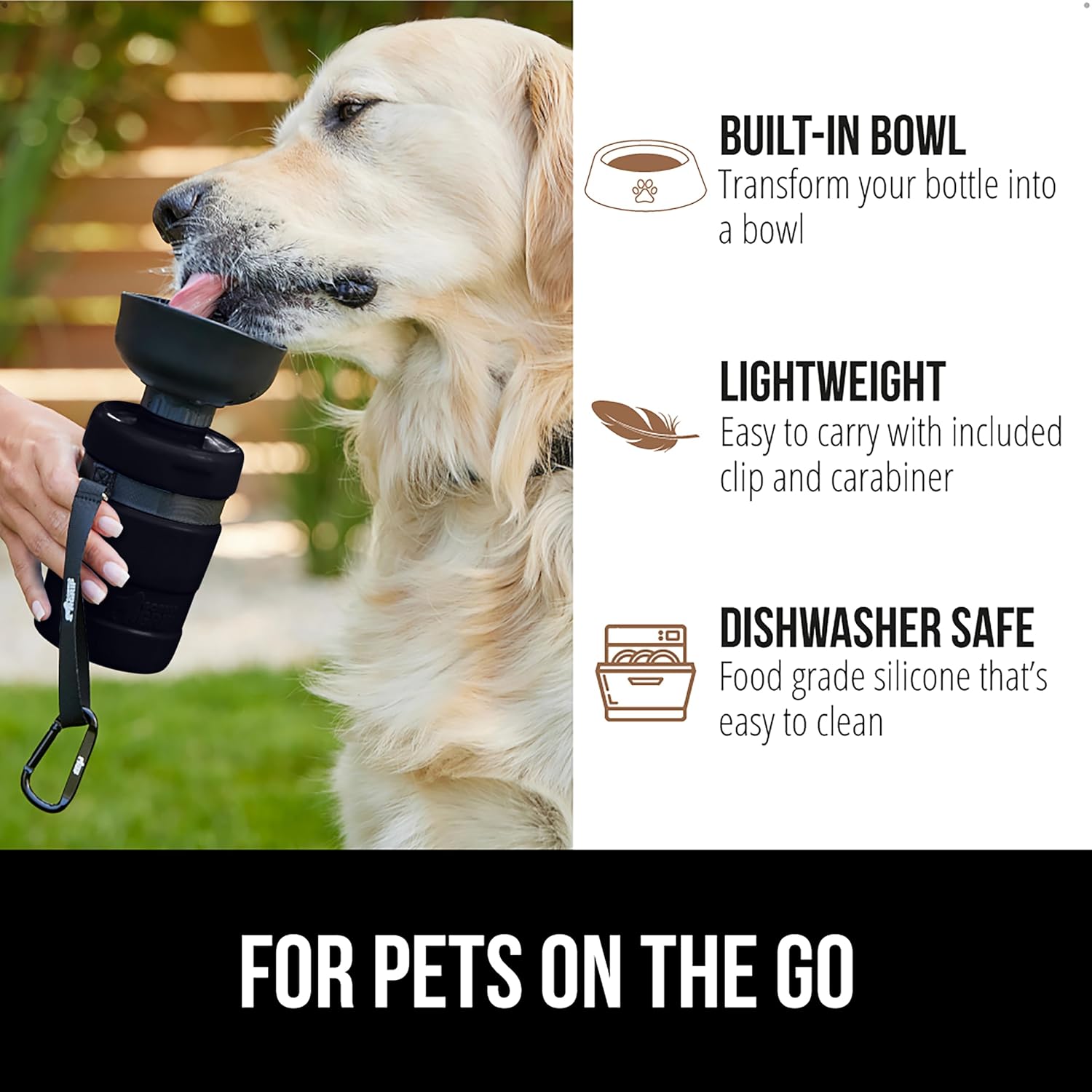 User squeezing the Gorilla Grip travel bottle to push clean water into the attached black silicone dog bowl.