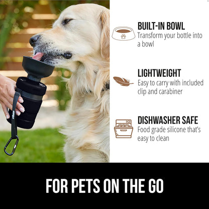 User squeezing the Gorilla Grip travel bottle to push clean water into the attached black silicone dog bowl.