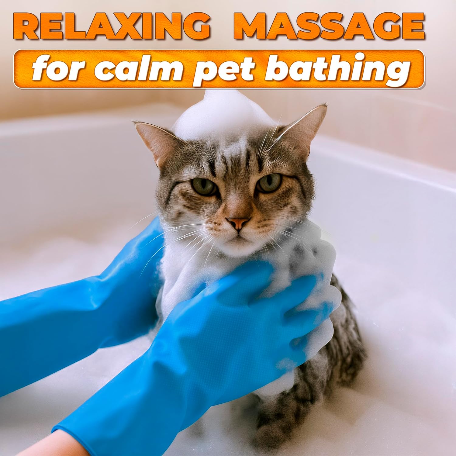 Silicone pet bathing gloves creating rich shampoo lather