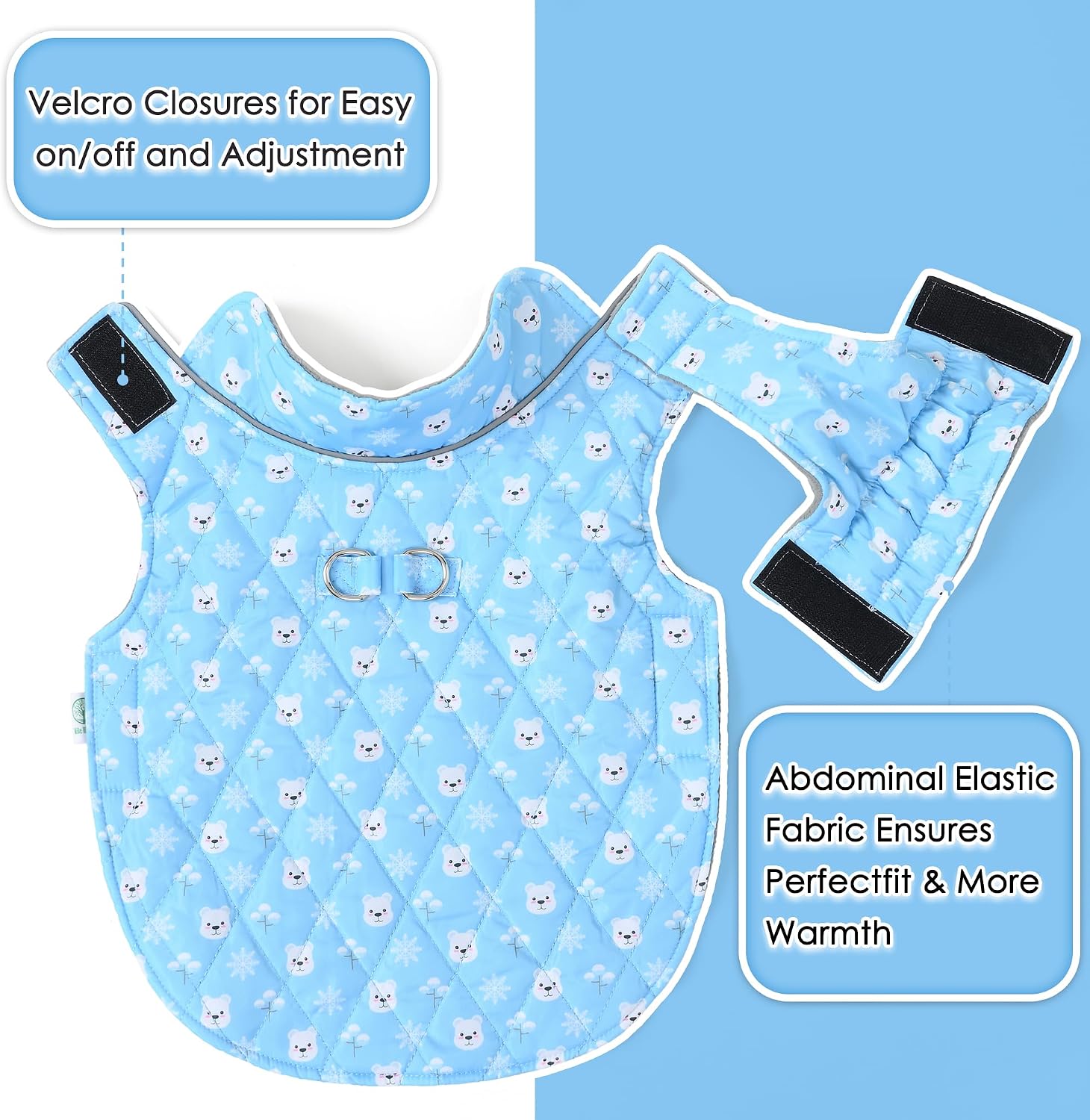 Adjustable velcro and elastic chest design on blue dog winter coat
