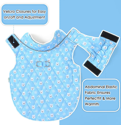 Adjustable velcro and elastic chest design on blue dog winter coat