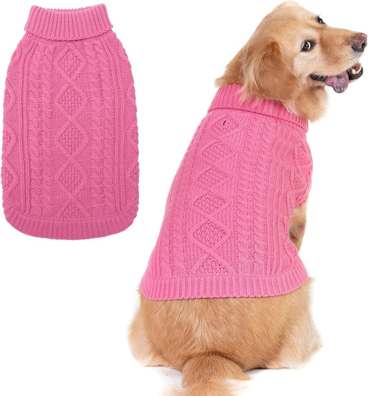 BINGPET thermal knitted dog sweater front view pink cable knit style