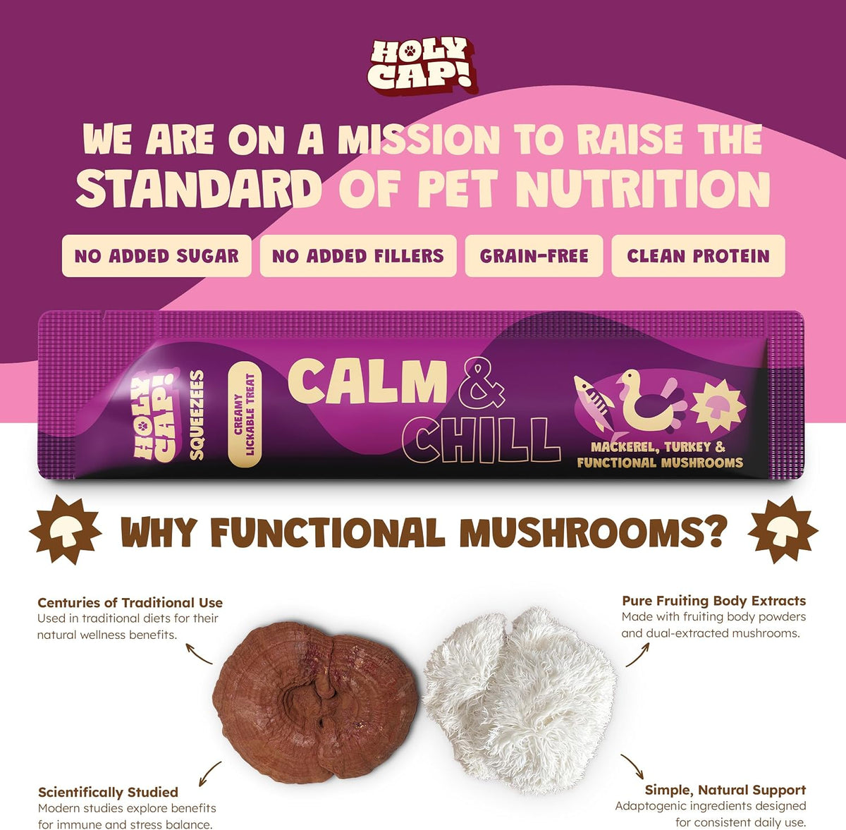 Holy Cap cat treat packaging showing functional mushroom ingredients