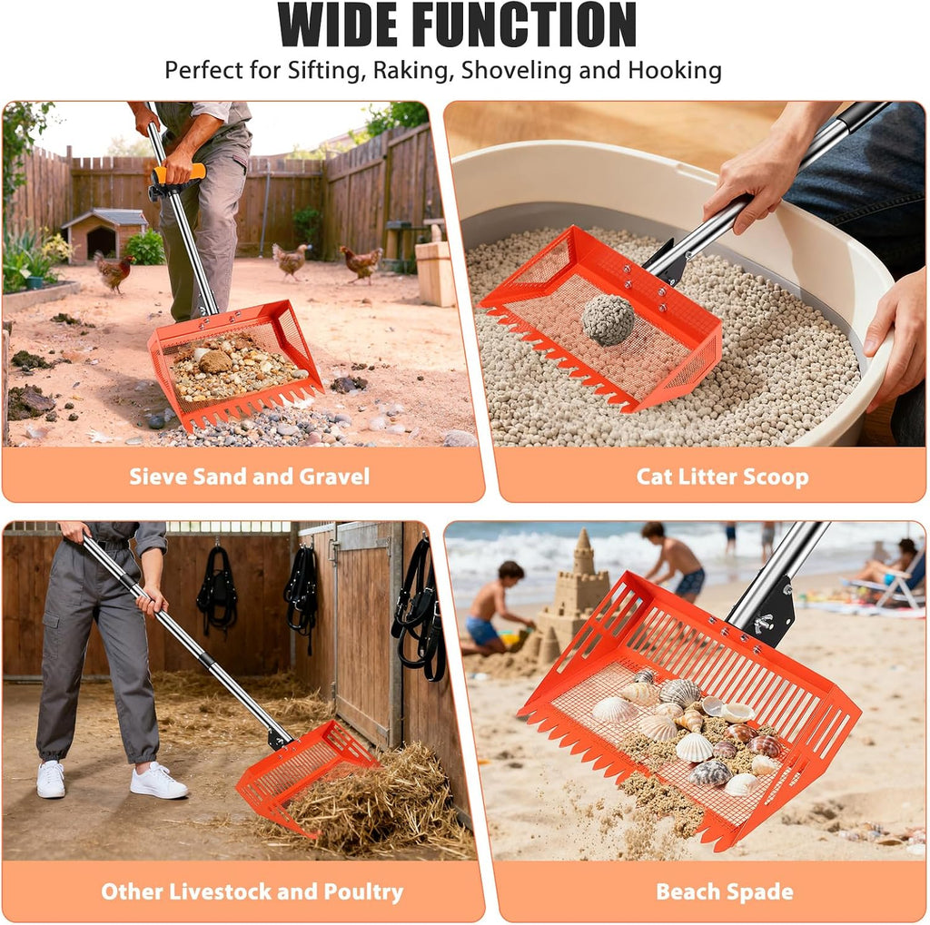 StarOcean heavy duty chicken rake tool showing the comfortable grip cover and orange high visibility finish.