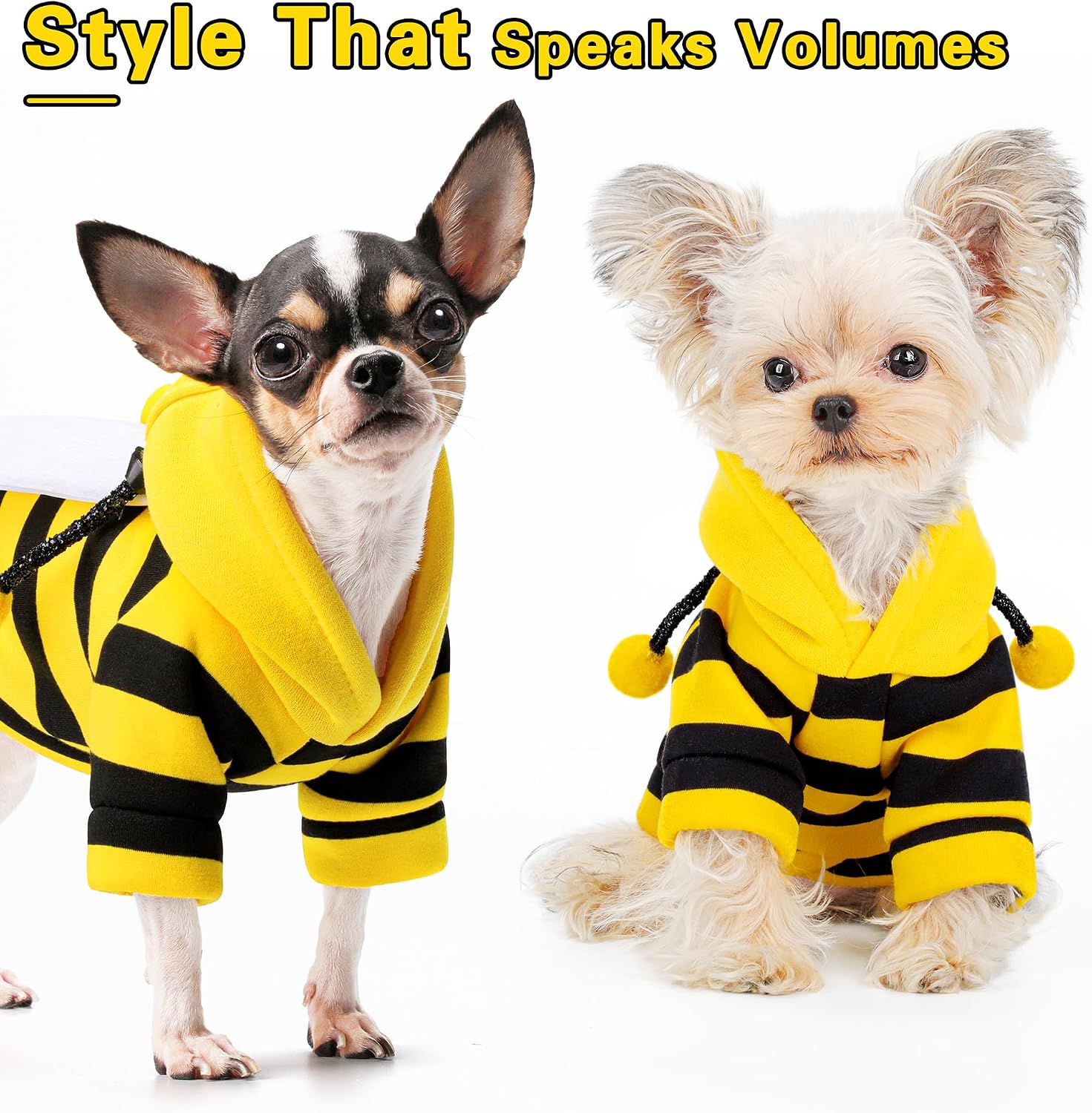 Side view of the yellow and black striped pet sweatshirt showing the attached wings.