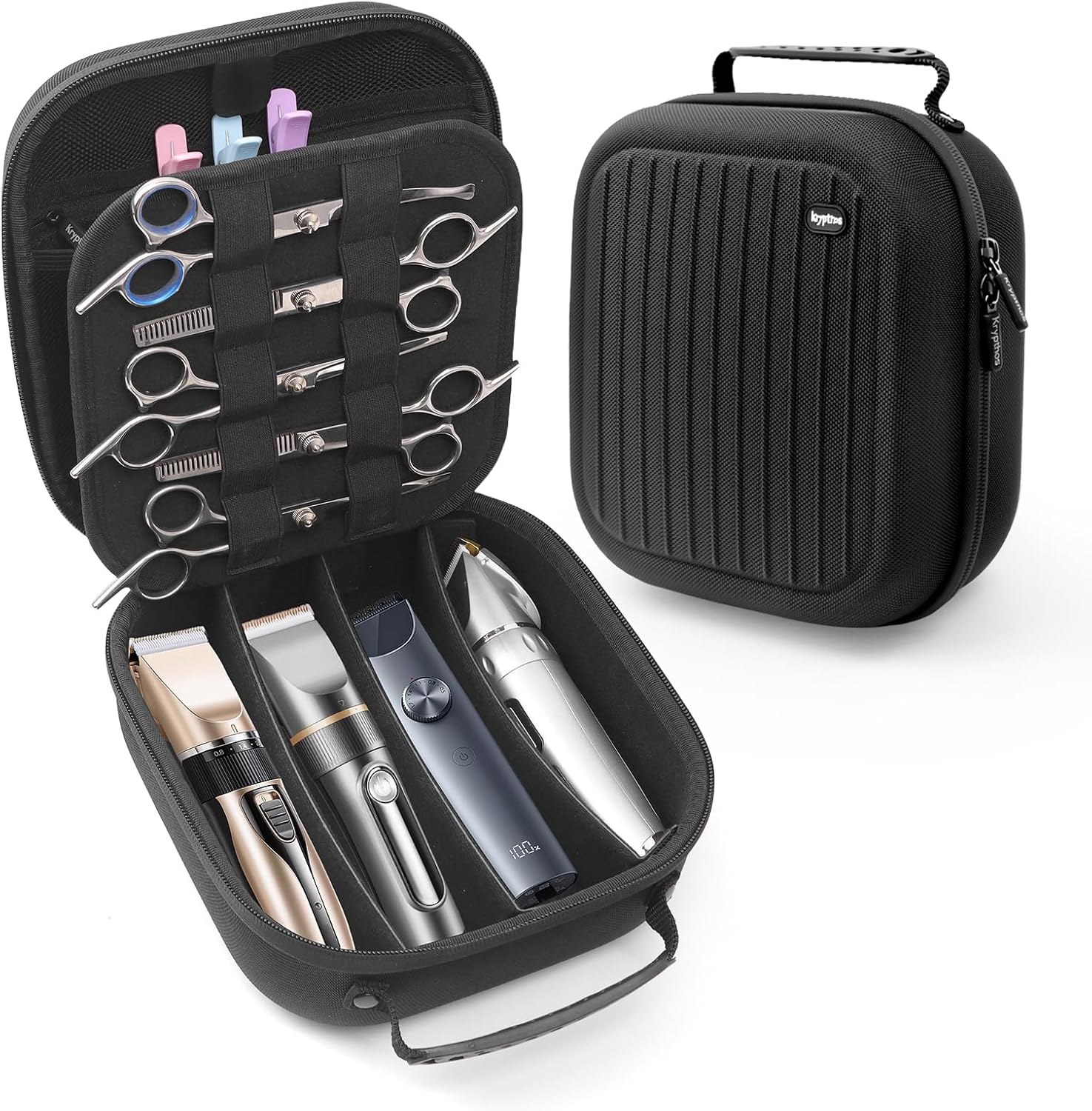 Krypthos hard travel case for hair clippers front view showing rugged black exterior