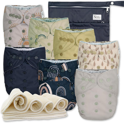 Nora's Nursery Cloth Diapers 7 Pack with 7 Inserts & 1 Wet Bag - Waterproof Cover, Washable, Reusable & One Size Adjustable Pocket Diapers for Newborns and Toddlers - Sunshine & Rainbows - Image 1
