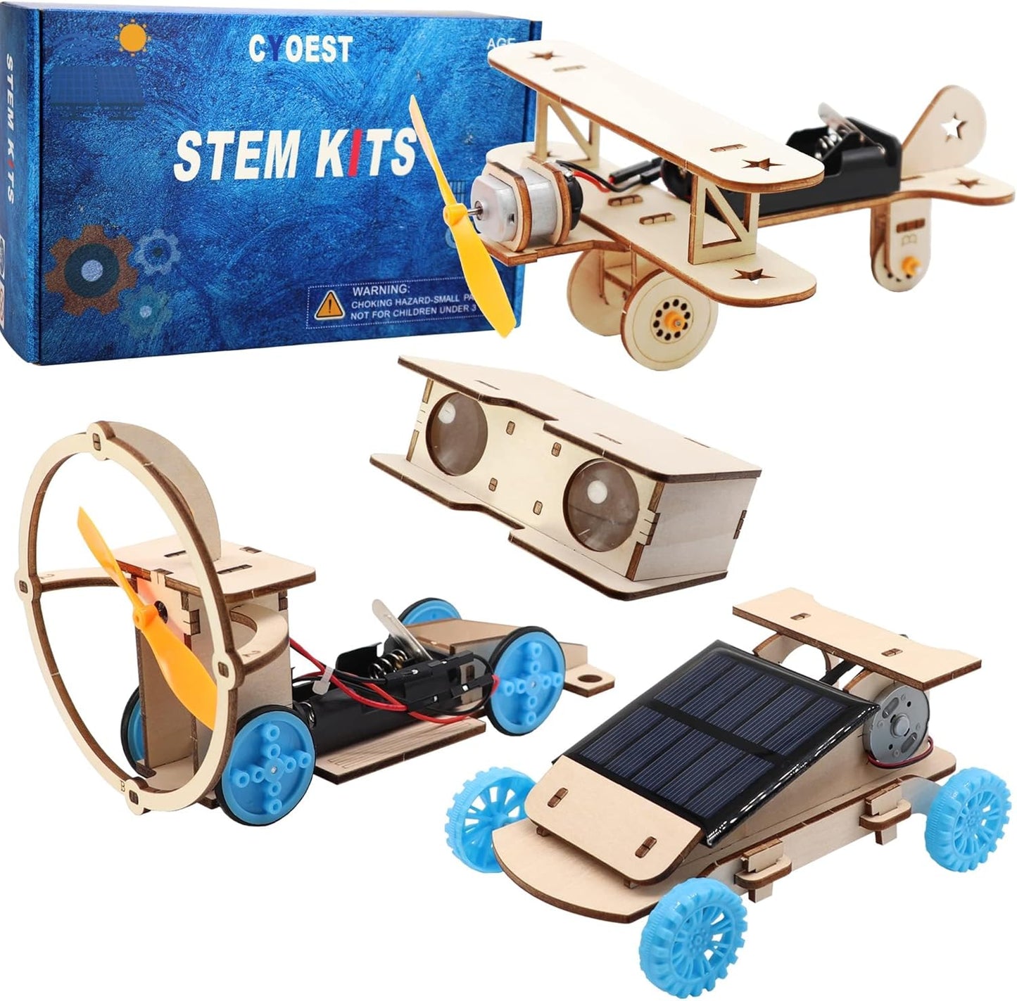 CYOEST 4 in 1 Wooden STEM Building Kits front packaging view showing the solar car and biplane projects.