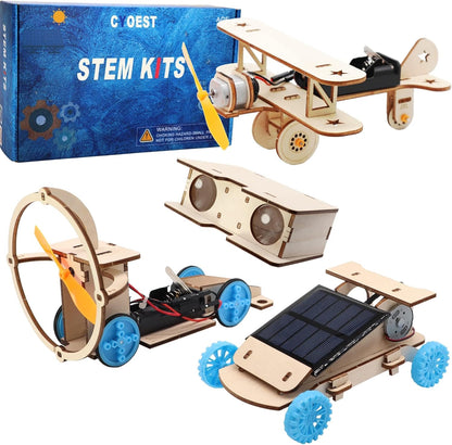CYOEST 4 in 1 Wooden STEM Building Kits front packaging view showing the solar car and biplane projects.
