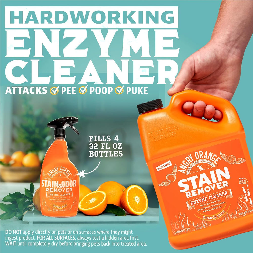Angry Orange pet stain and odor remover bottle back label showing instructions
