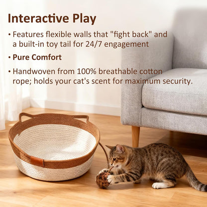Cat playing with attached teaser tail on rope basket