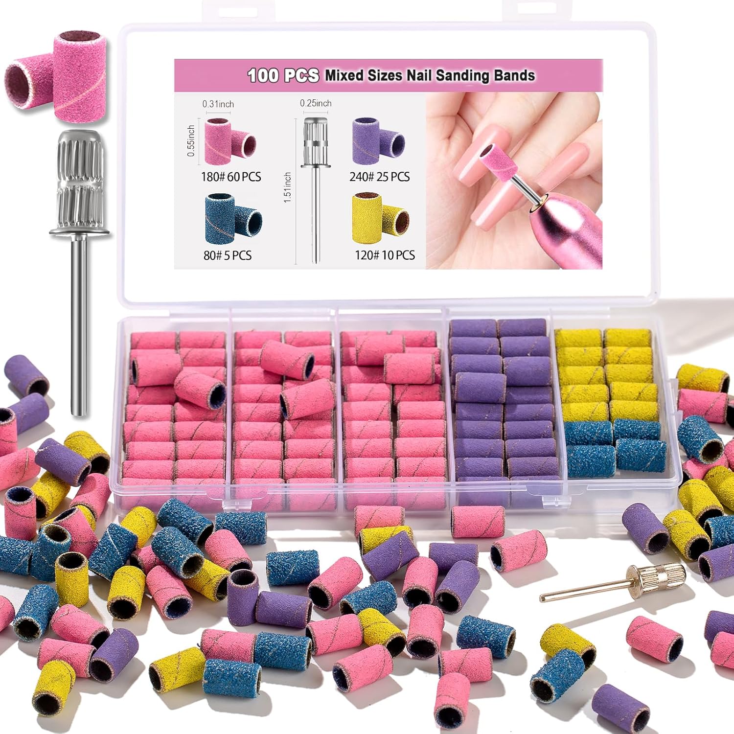 JINJINANV nail drill bits 100 pieces sanding bands front view showing mixed colors and grits