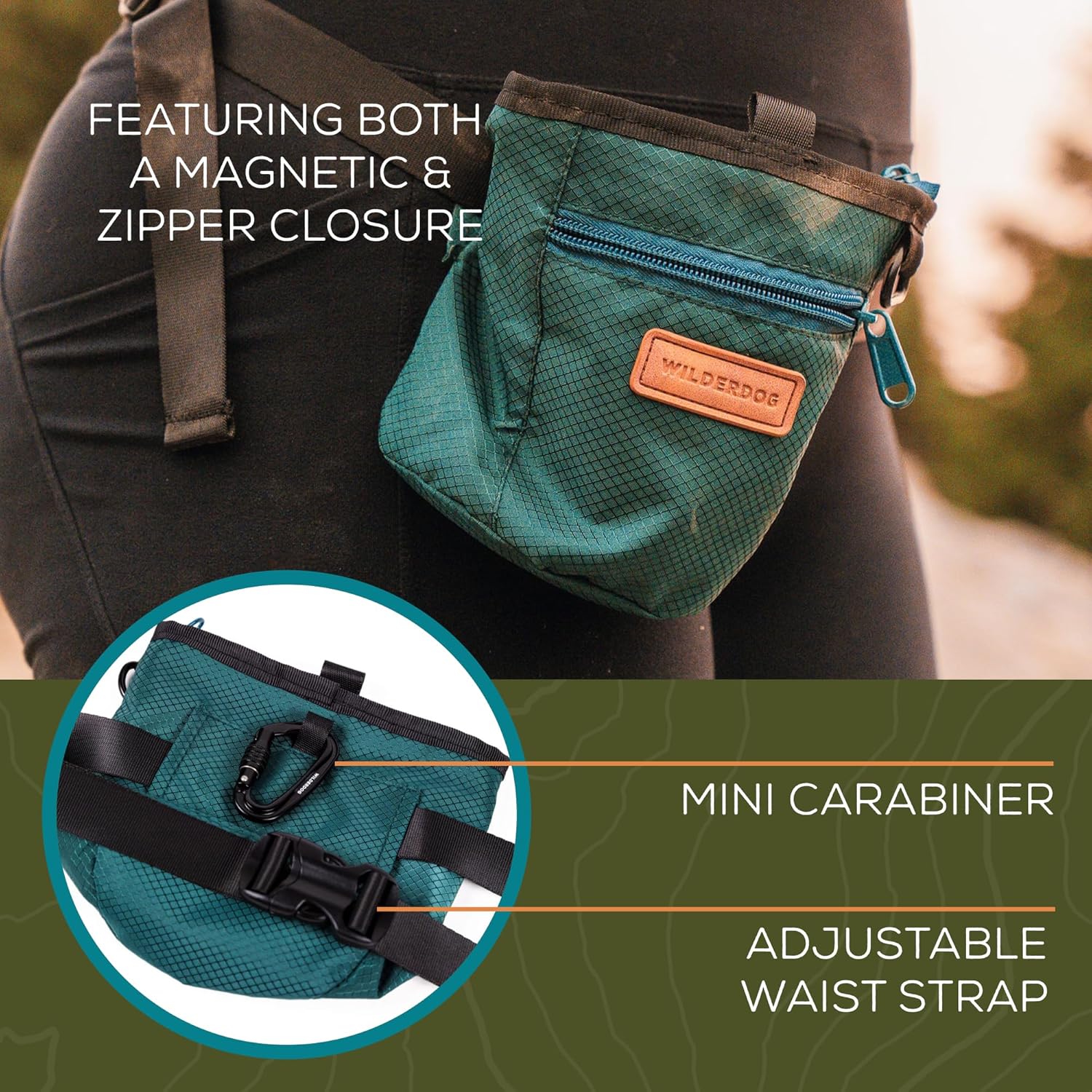 Durable ripstop outer fabric of Wilderdog dog treat bag with zipper pocket