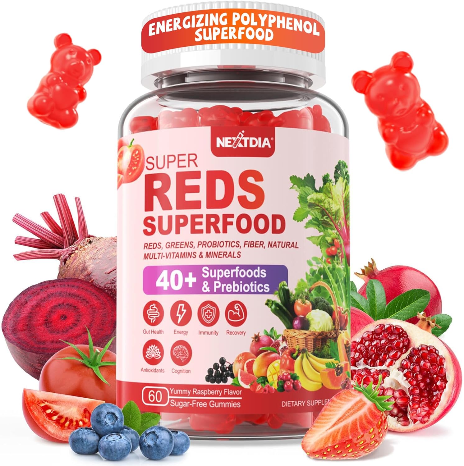 Nextdia Super Greens and Reds Gummies front packaging view