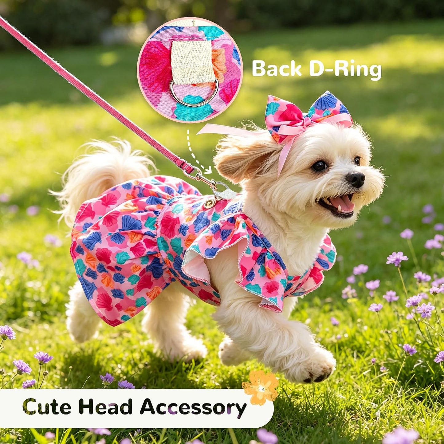ABRRLO puppy princess dress back view highlighting the sturdy integrated metal leash D-ring.