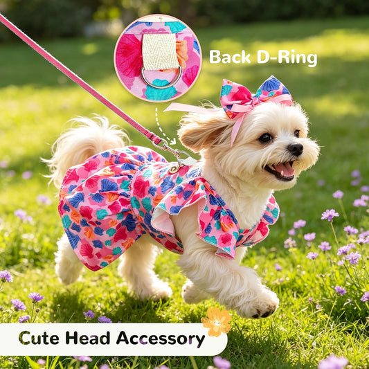 ABRRLO puppy princess dress back view highlighting the sturdy integrated metal leash D-ring.