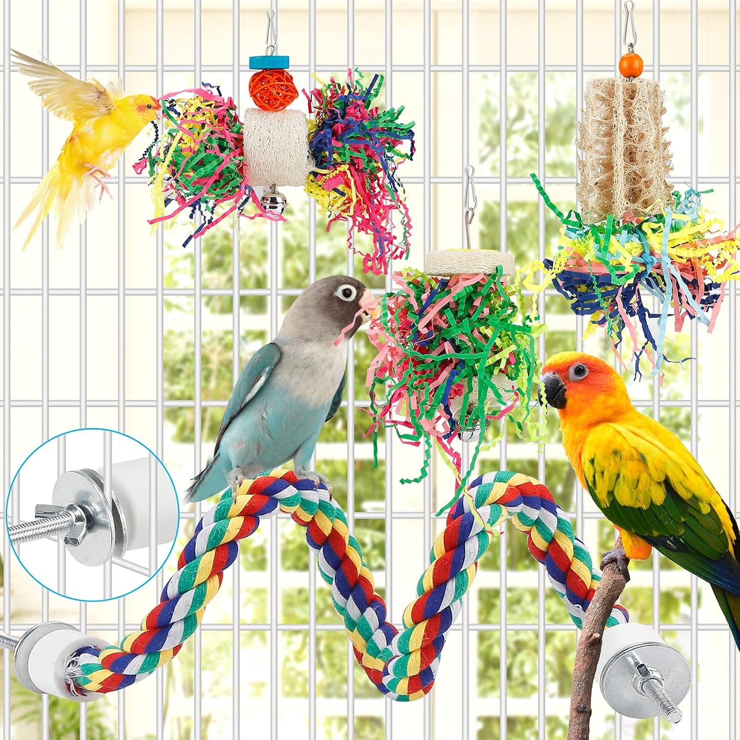 Multi textured parrotlet chewing toy with active hanging hook