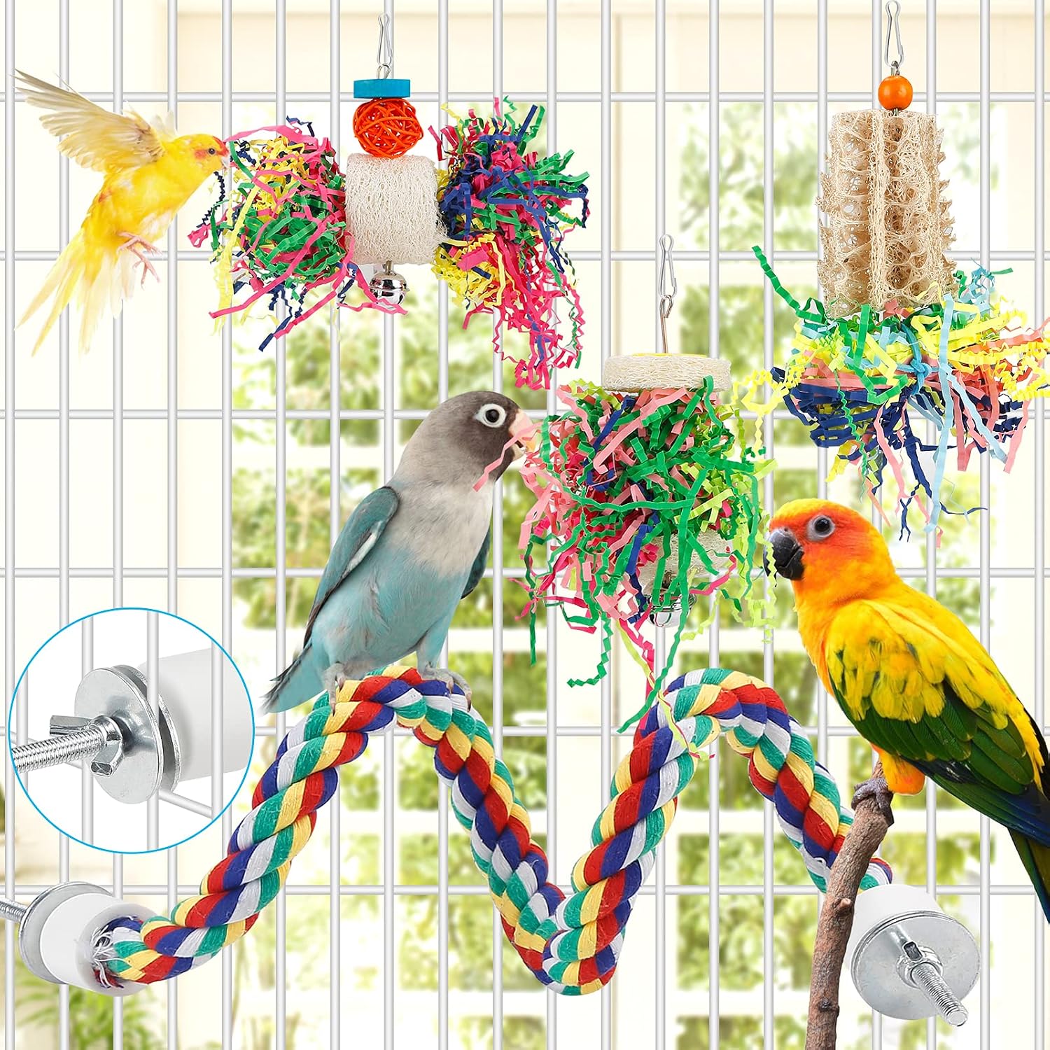 Multi textured parrotlet chewing toy with active hanging hook