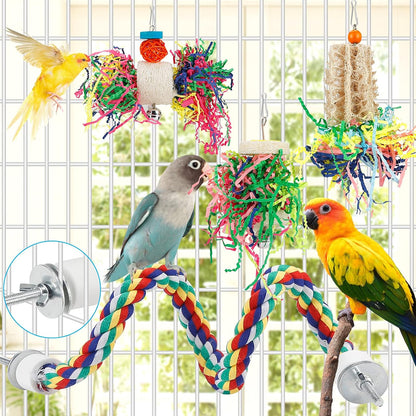 Multi textured parrotlet chewing toy with active hanging hook