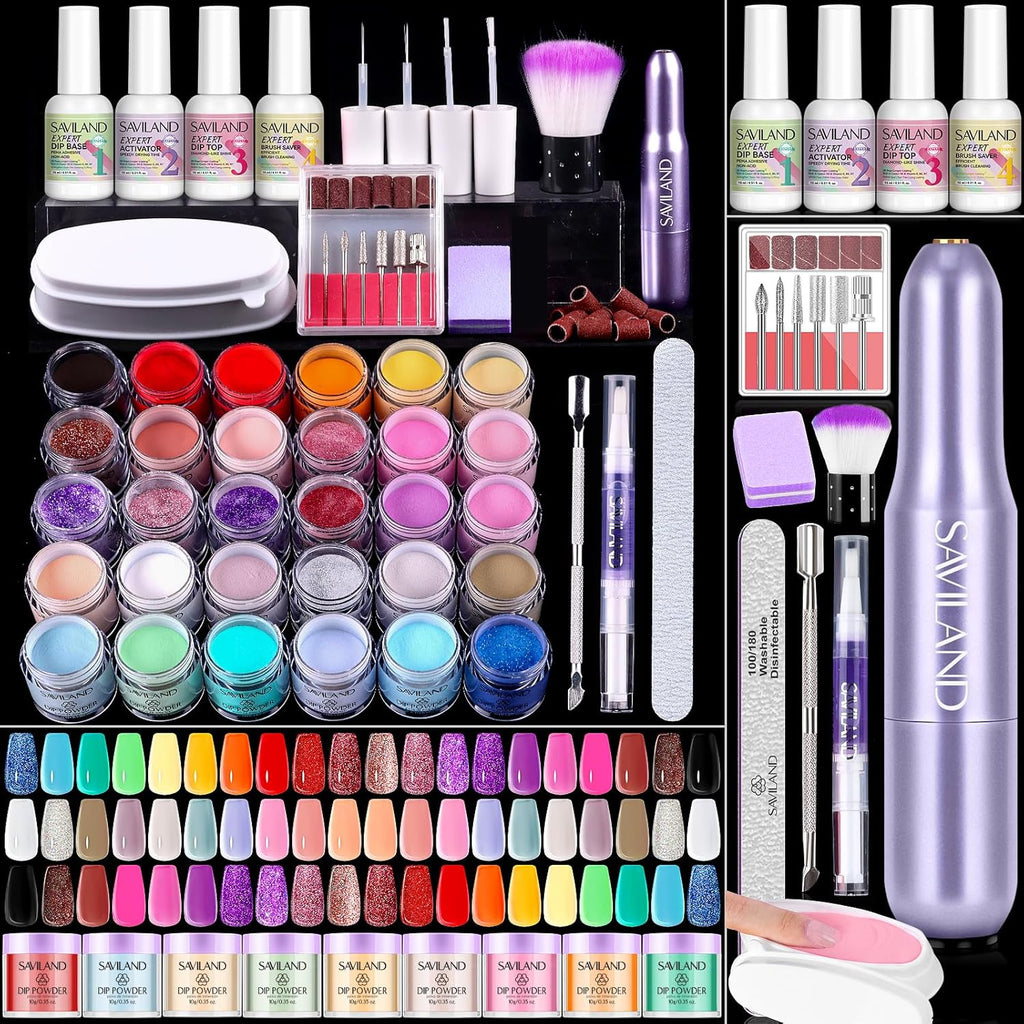 Saviland dip powder nail kit front view showcasing the 30 color jars and electric drill