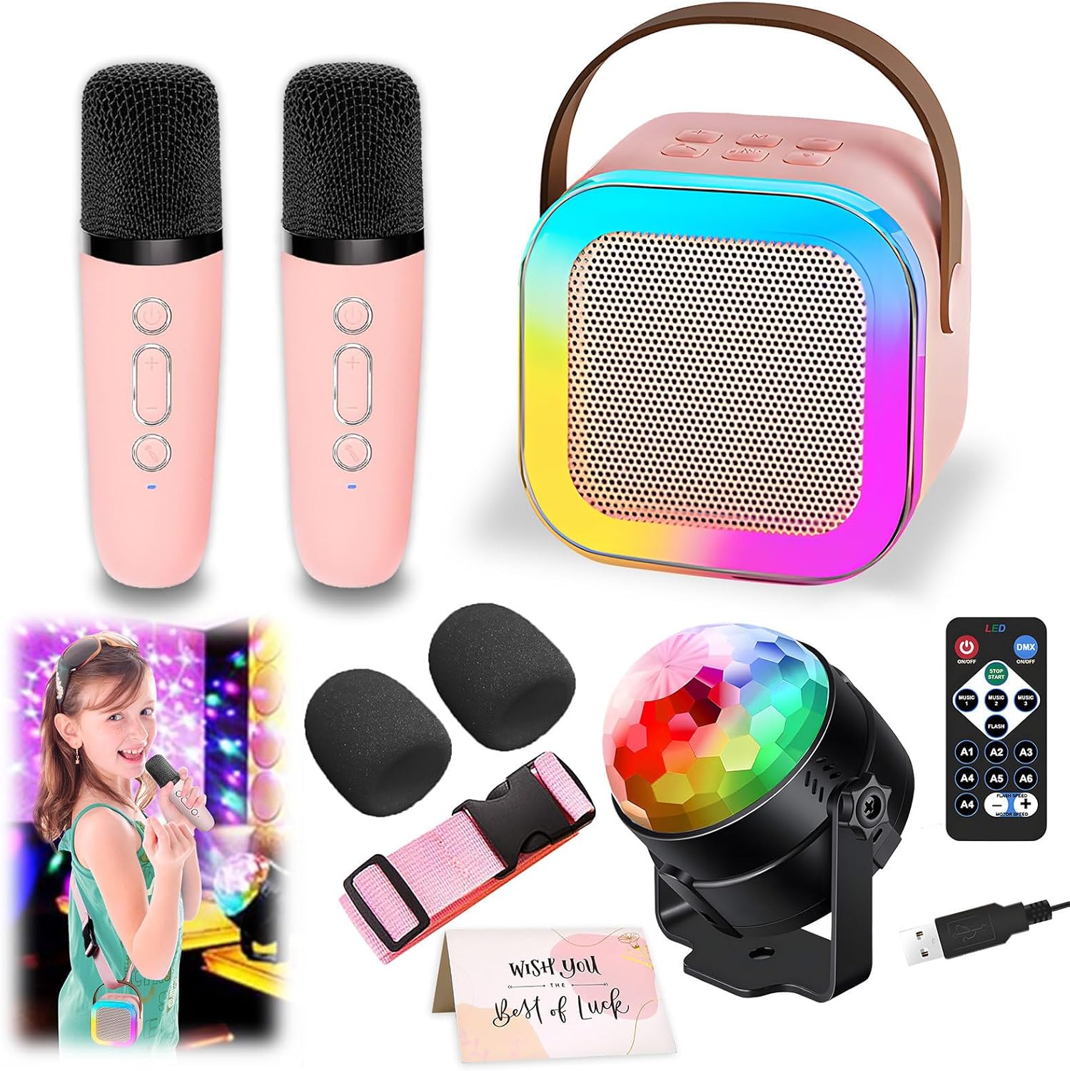 DEABOLAR kids portable karaoke machine front view showing the speaker with glowing rainbow LED lights and integrated top handle.