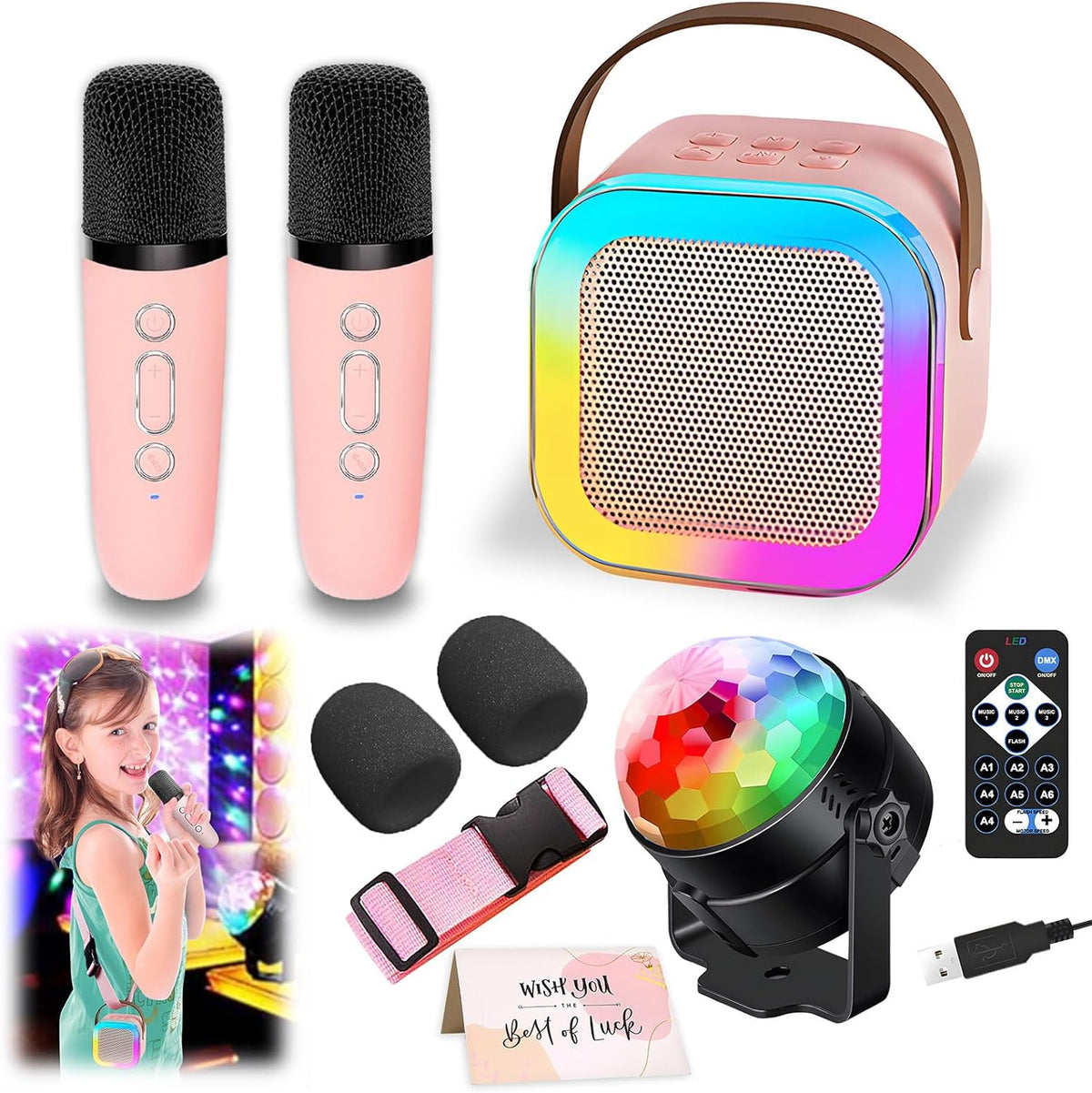 DEABOLAR kids portable karaoke machine front view showing the speaker with glowing rainbow LED lights and integrated top handle.