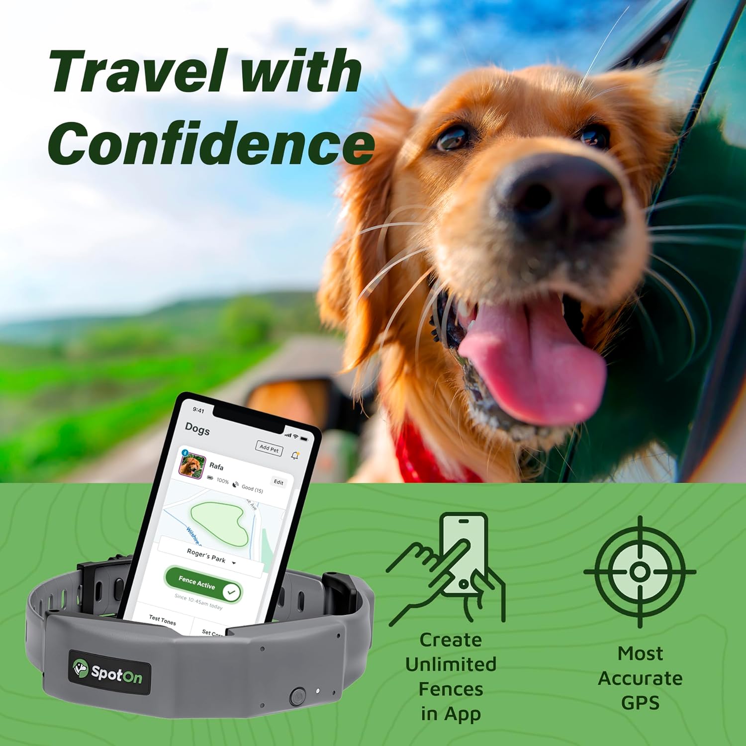 SpotOn wireless pet fence app controlled virtual boundary system