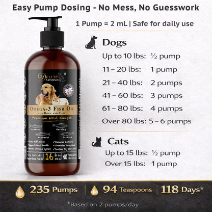 Authentic USA imported fish oil for pets daily feeding guidelines and dosage instructions.