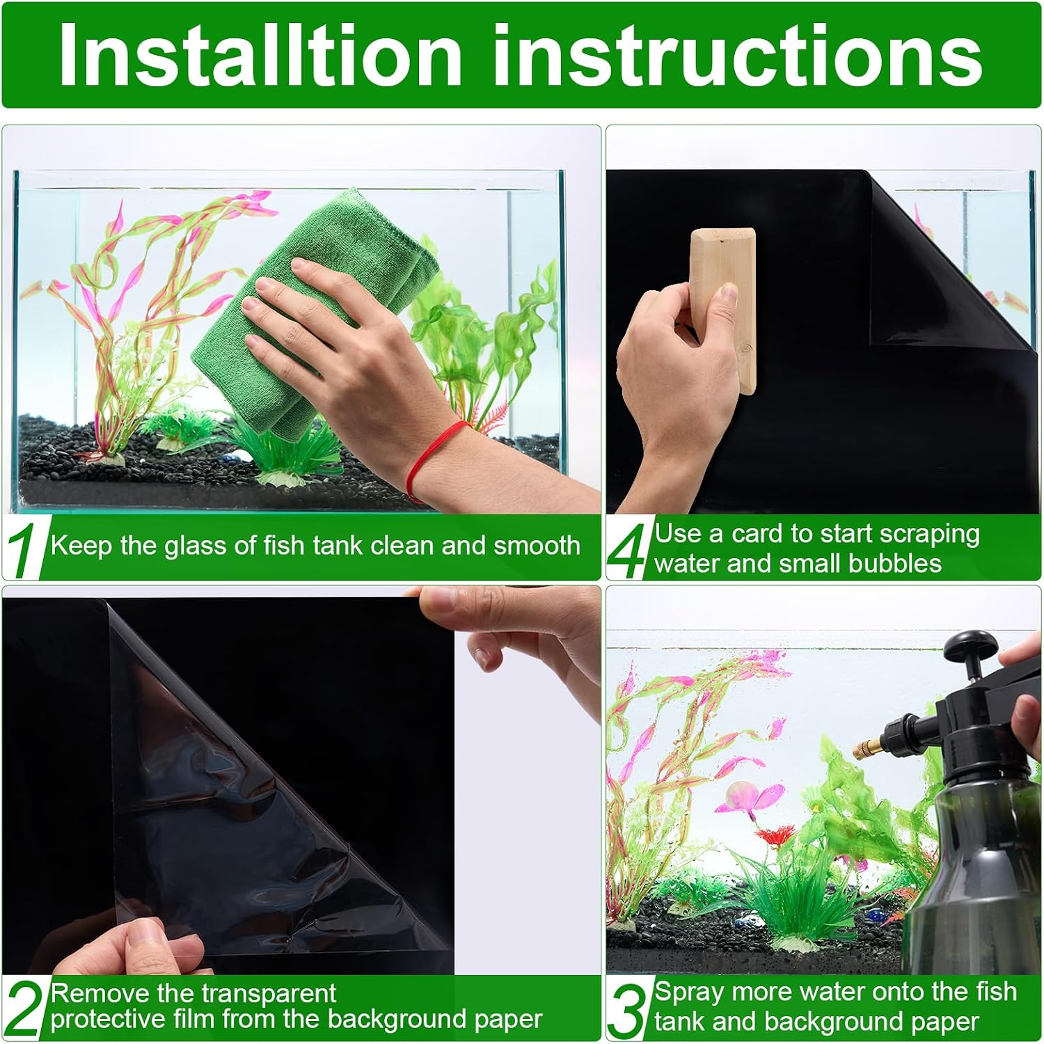 Step by step installation illustration of the static cling aquarium wallpaper with a squeegee.