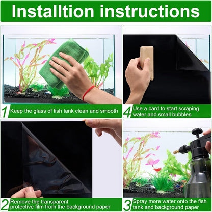 Step by step installation illustration of the static cling aquarium wallpaper with a squeegee.