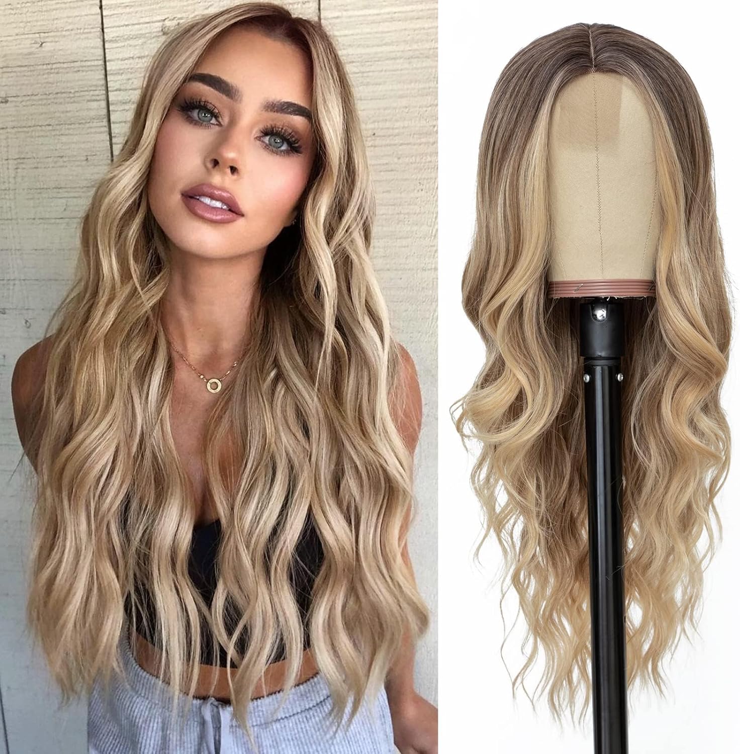 NAYOO long ombre blonde wavy wig front view on a mannequin showcasing natural middle part hair textures.