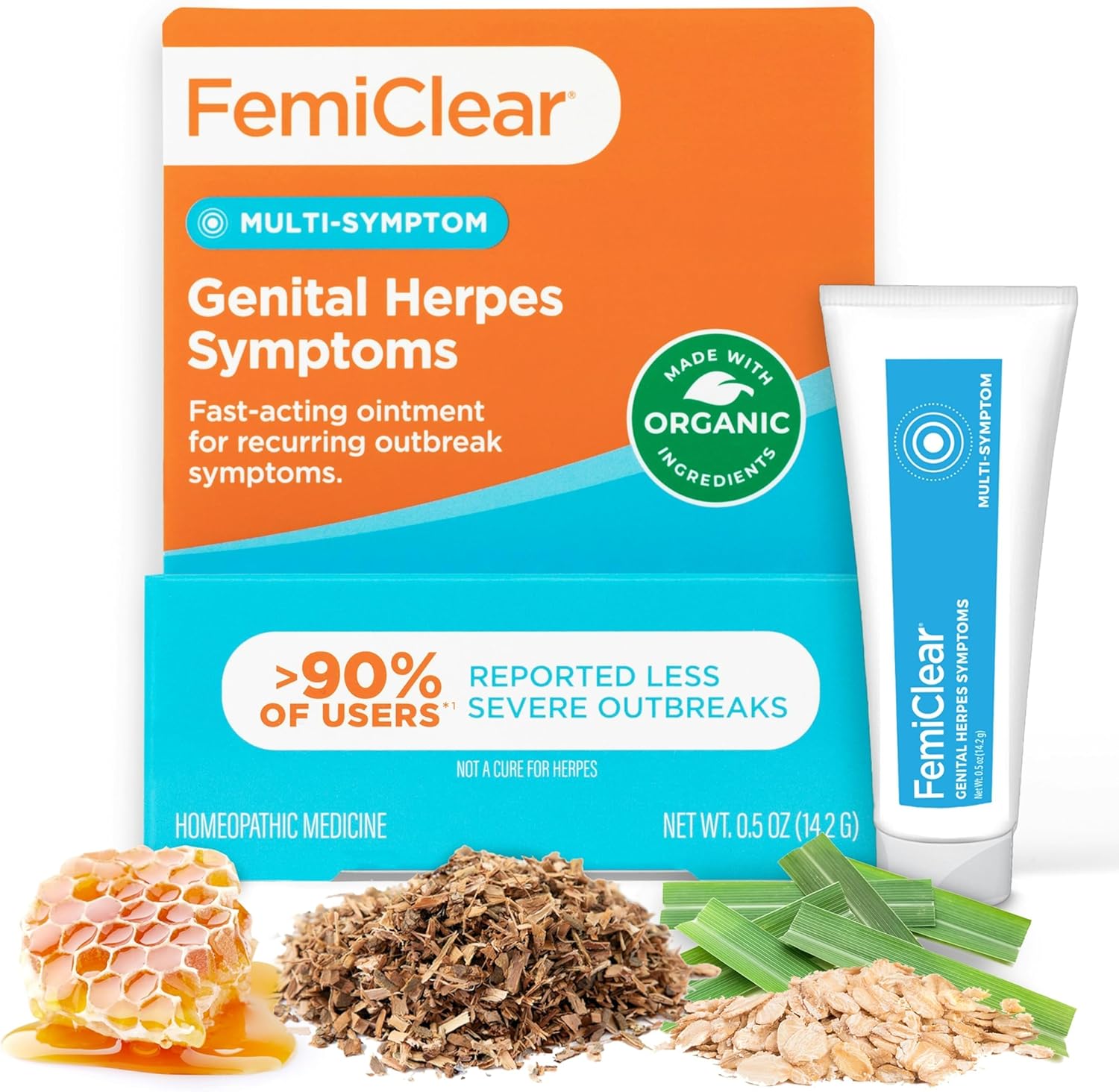 FemiClear Genital Herpes and Cold Sore Multi Symptom Relief Ointment 0.5 Ounce tube front view