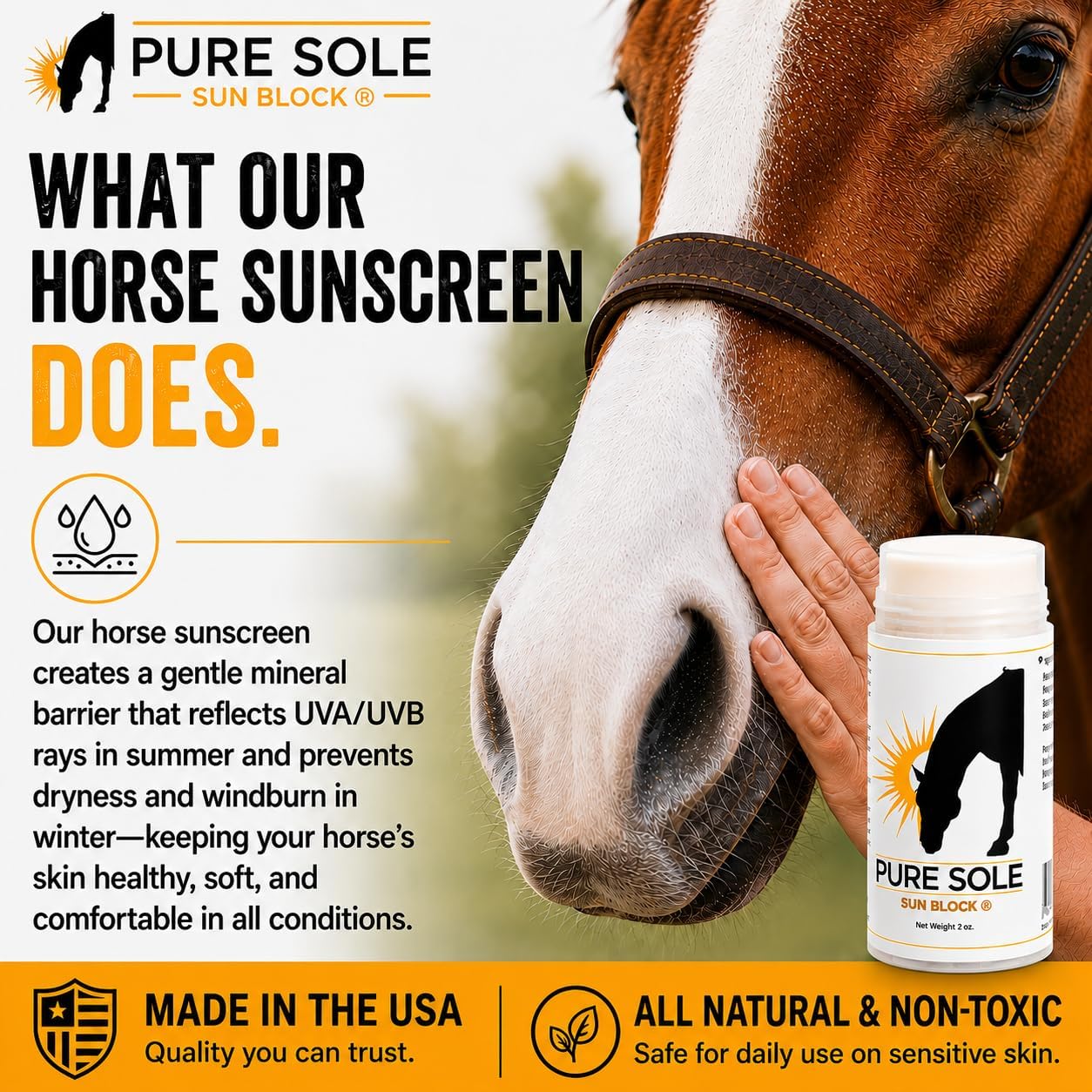 Applying Pure Sole sunblock to horse nose sensitive skin