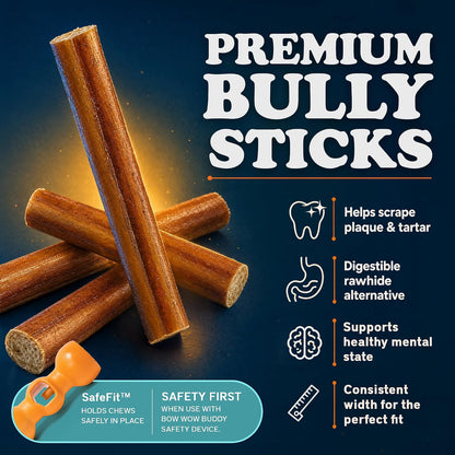 Bow Wow Labs SafeFit six inch beef sticks arranged neatly demonstrating the midsize chew thickness.