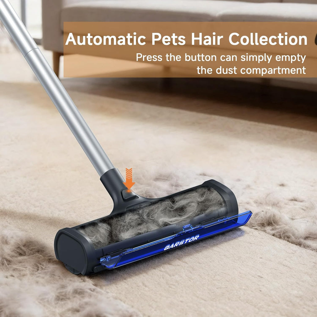 Garstor reusable carpet sweeper showing transparent dust container filled with pet hair