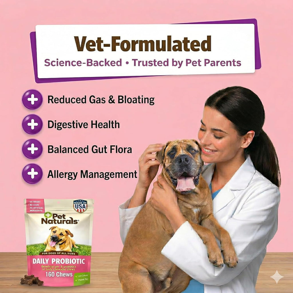Back label of Pet Naturals Daily Probiotic for dogs with ingredient list and feeding directions