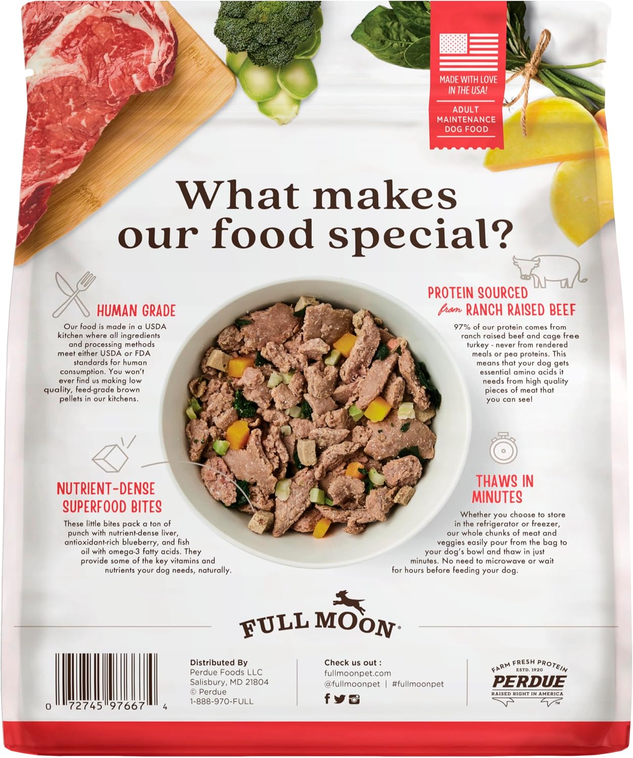 Full Moon beef recipe dog food ingredients display