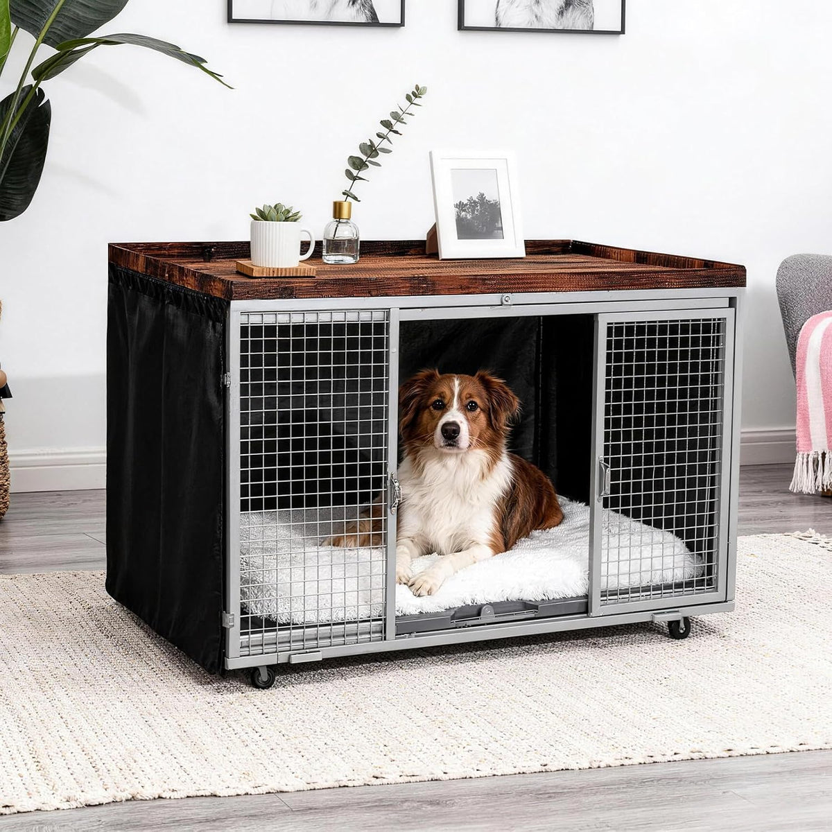 Large dog kennel transformation with rustic brown aesthetic inspiration.