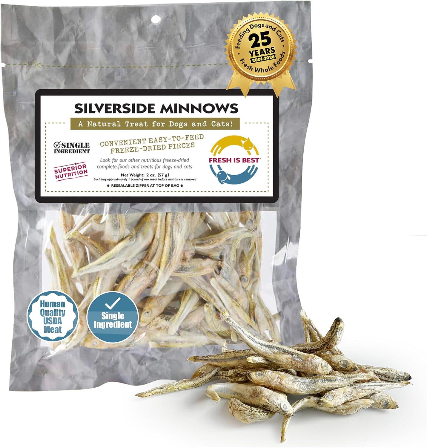 Fresh Is Best Silverside Minnows freeze dried pet treats front view packaging