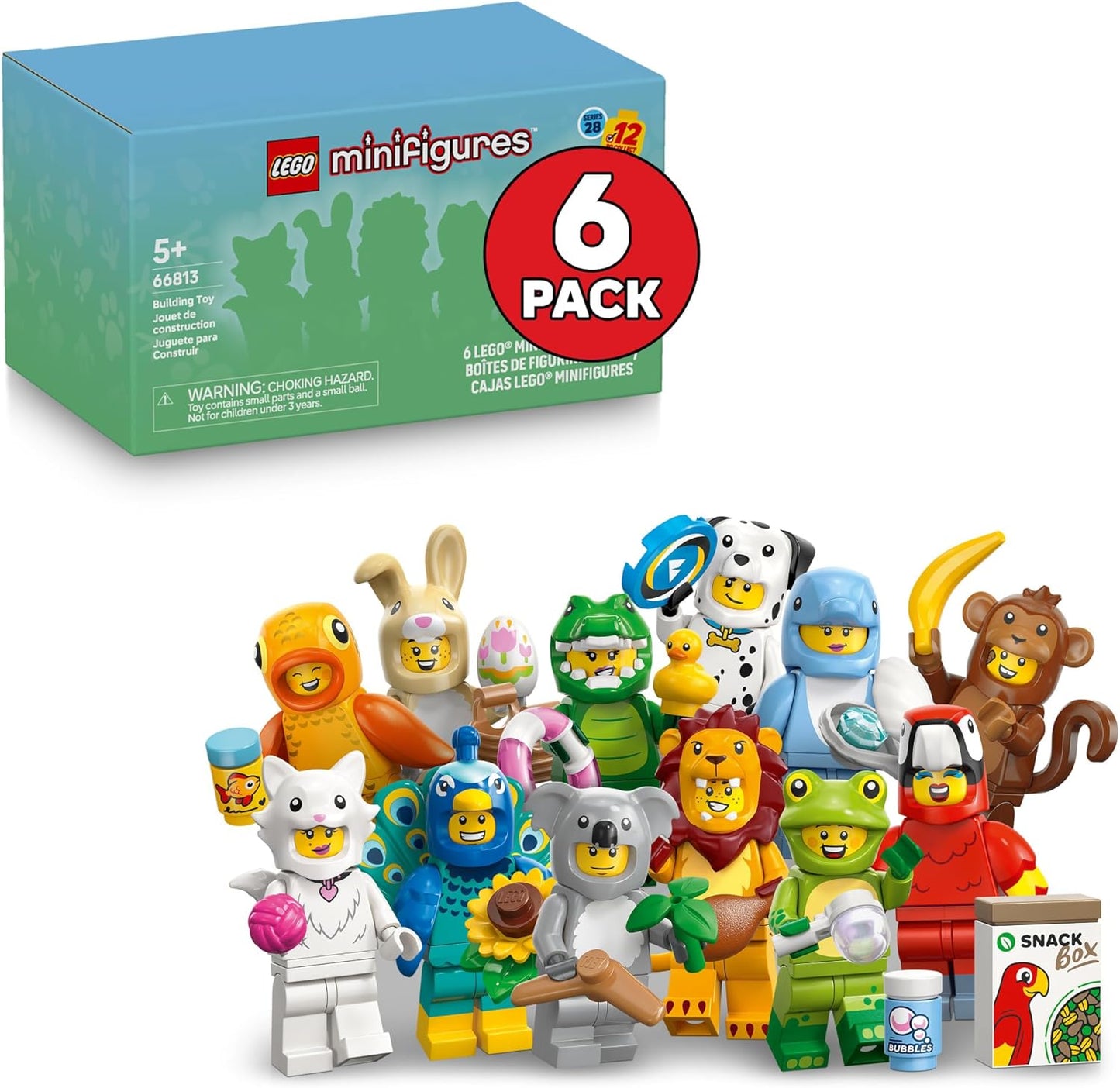 LEGO Minifigures Animal Series 28 6 Pack front view showcasing collectible mystery boxes.
