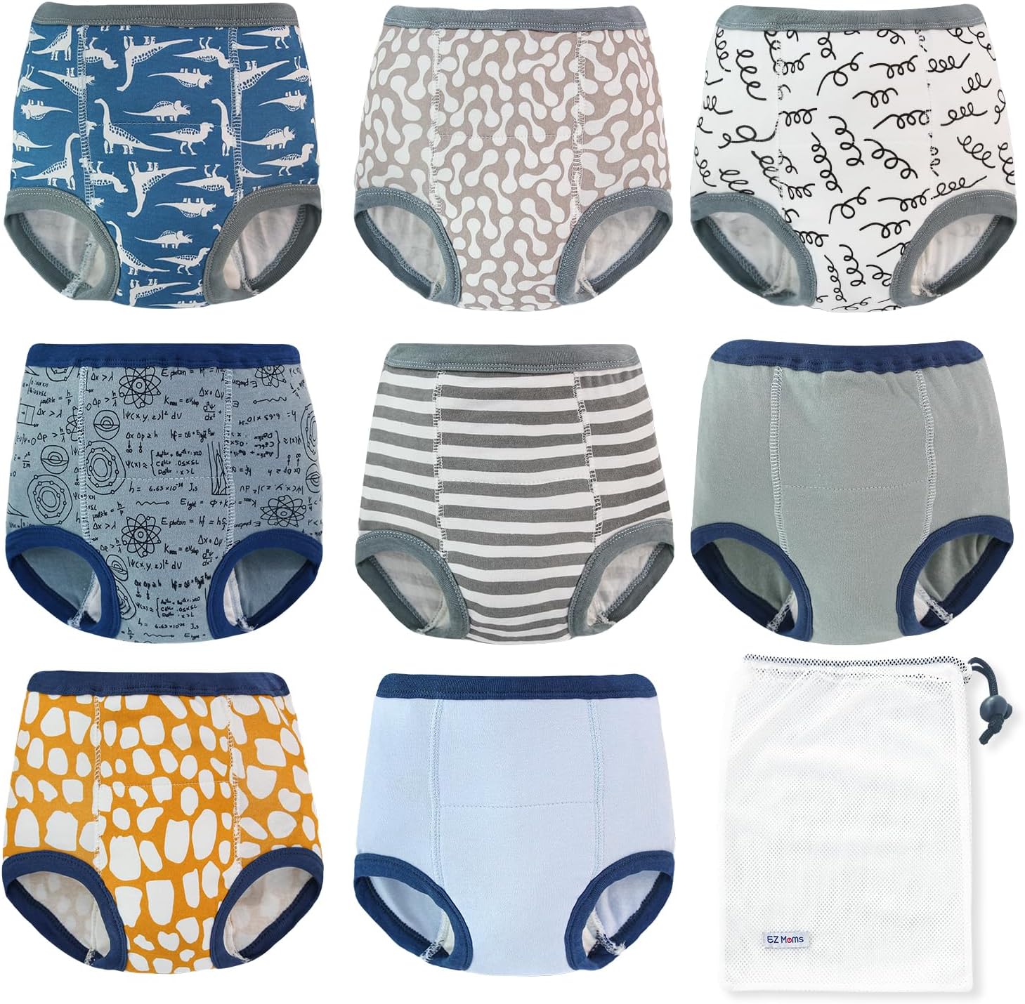 EZ Moms high waist potty training underwear for boys front view showing colorful prints