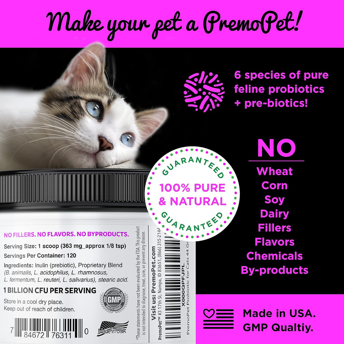 Premo Probiotic 120 servings packaging showing ingredients label