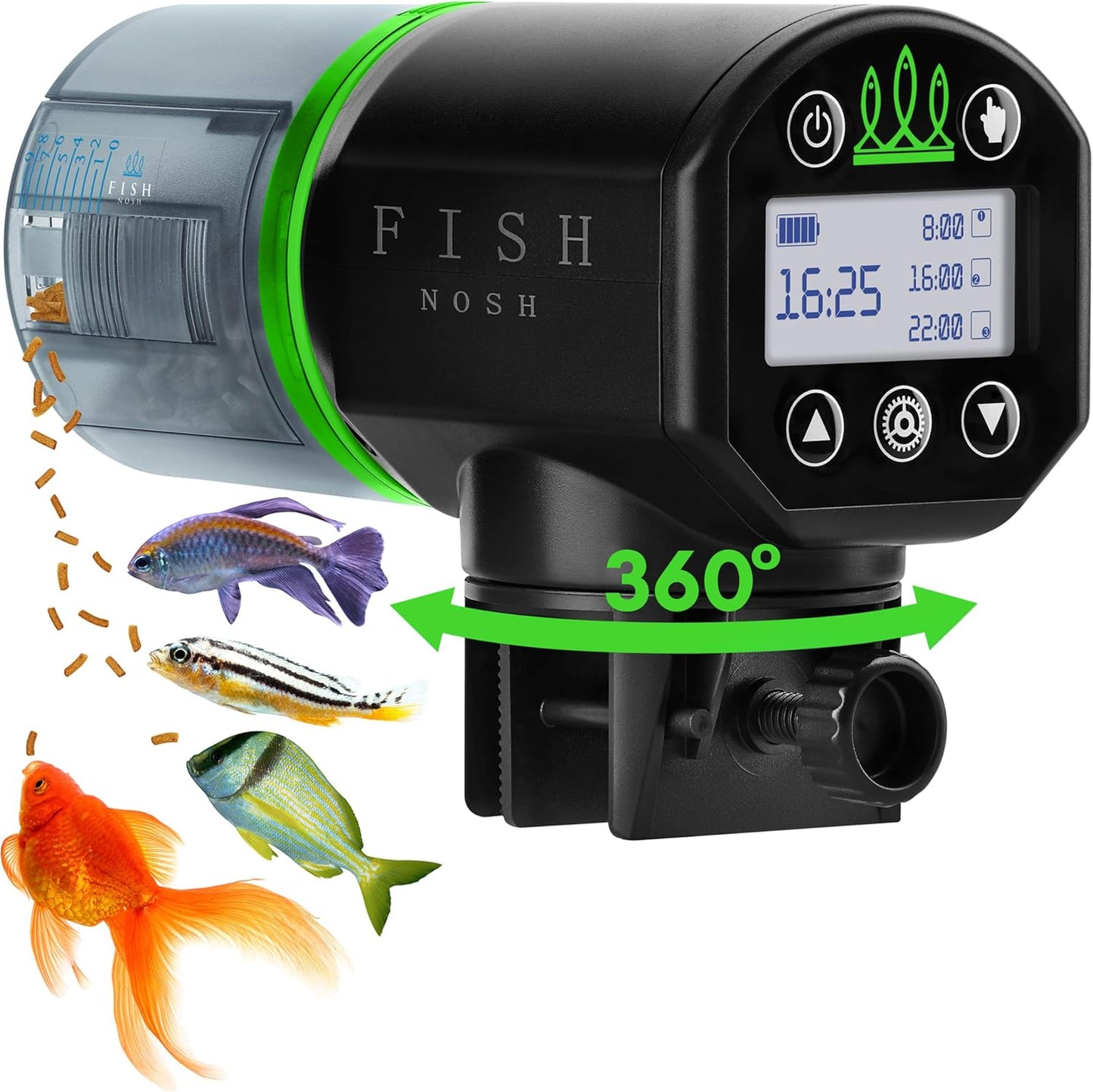 FISHNOSH smart fish feeding machine retail packaging box with clear instruction manuals included