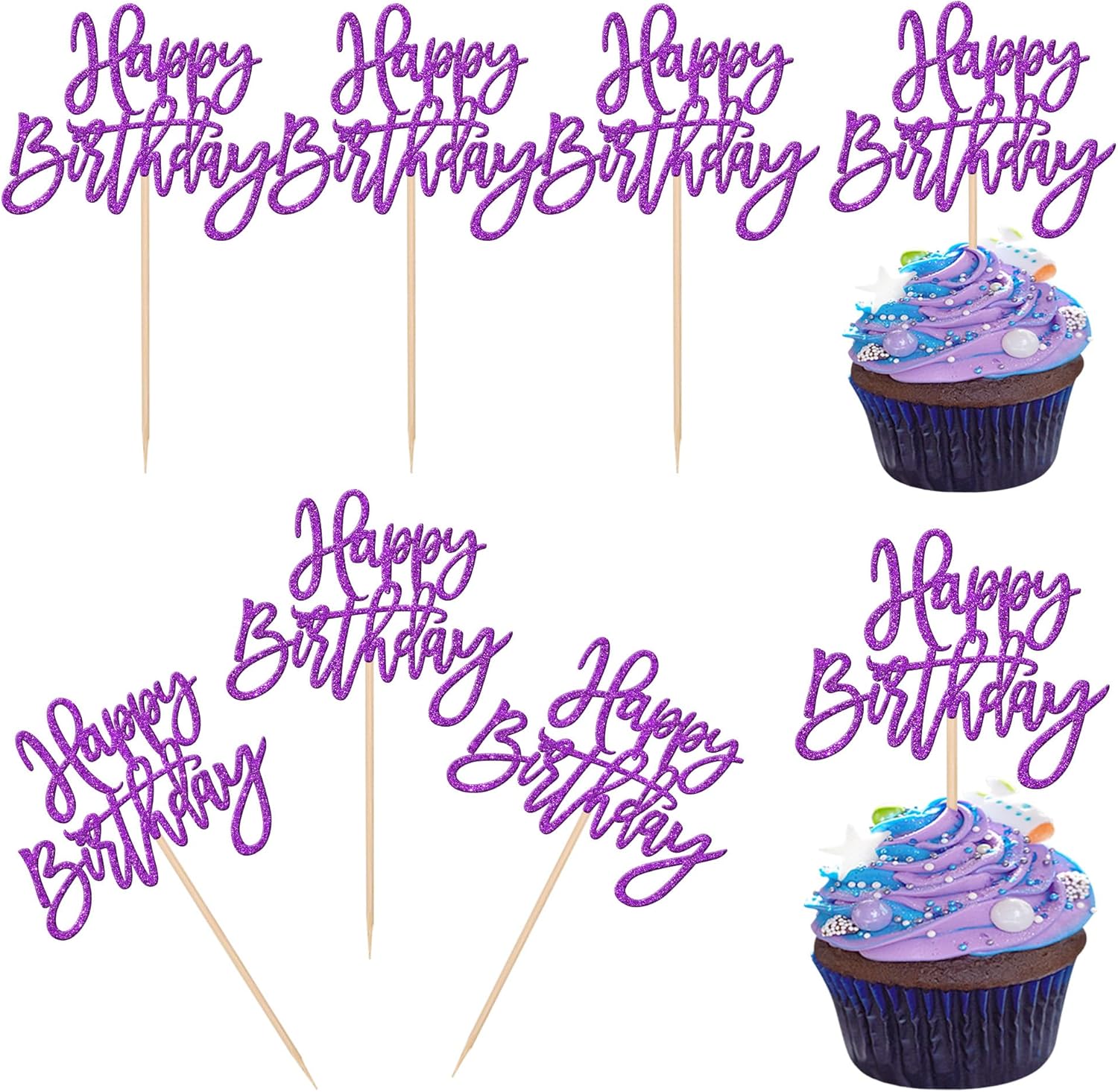 Zhuoweism purple glitter Happy Birthday cupcake toppers front view